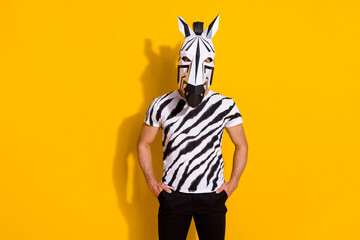 Photo of weird anonymous guy in zebra costume put hands pockets isolated over vivid yellow color background