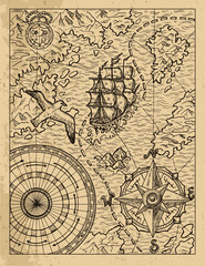 Old textured illustration of old map with sailboat, gull, unknown lands and islands, compass and wind rose.