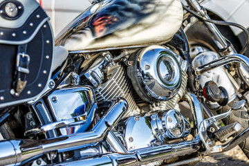 Motorcycle engine closeup. chrome engine parts. Shiny smooth details.