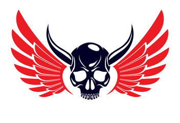 Devil sign horned skull vector illustration classic style tattoo, dead scull with animal horns wings and snake.