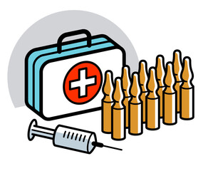 Syringe and ampules vaccine or first aid concept vector illustration with medical kit isolated on white, injection vaccination against virus, antidote or painkiller.