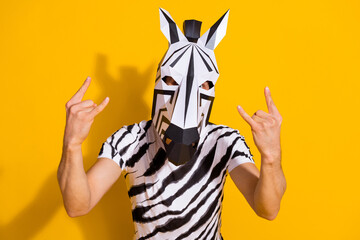Photo of weird anonym guy zebra dj enjoy punk rock music show horns symbol isolated over bright...