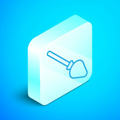 Isometric line Handle broom icon isolated on blue background. Cleaning service concept. Silver square button. Vector