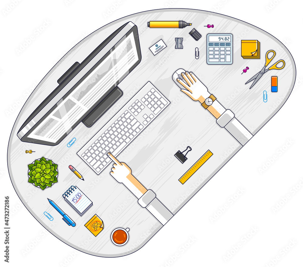 Poster work desk workspace top view with hands of office worker or entrepreneur, pc computer and a lot of d