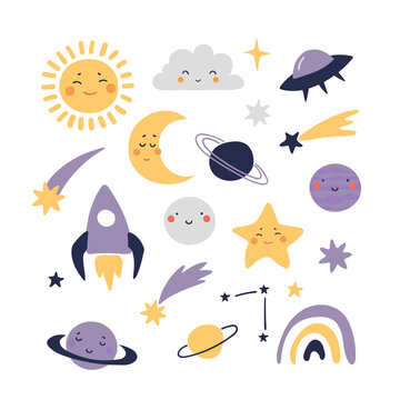 Set of space elements for childish design, moon, sun, planets, rocket, flying saucer. Kawaii stickers for astronomy. Vector flat cartoon icons isolated on white background.