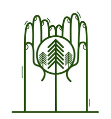 Two hands with pine trees protecting and showing care vector flat style illustration isolated on white, cherish and defense for woods and forests concept, environment protection.