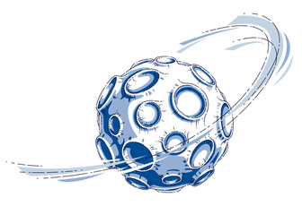 Small cartoon vector fantastic planet with craters from asteroid and meteorite rains fall. Thin line 3d vector illustration isolated on white background. © Sylverarts