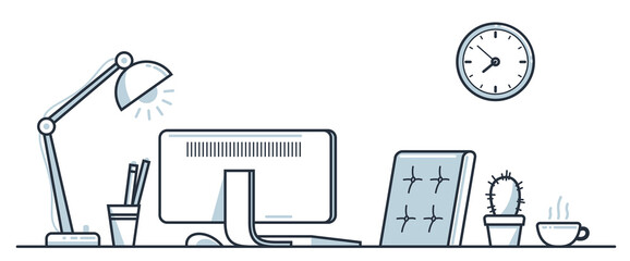 Place of work office table desk vector flat illustration isolated over white, work from home comfortable work space concept, empty chair nobody vacant job concept.