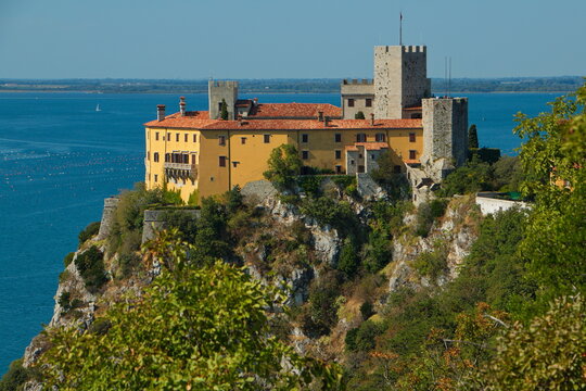 View of castle Duino from the hiking trail from Sistiana, Italy, Europe
