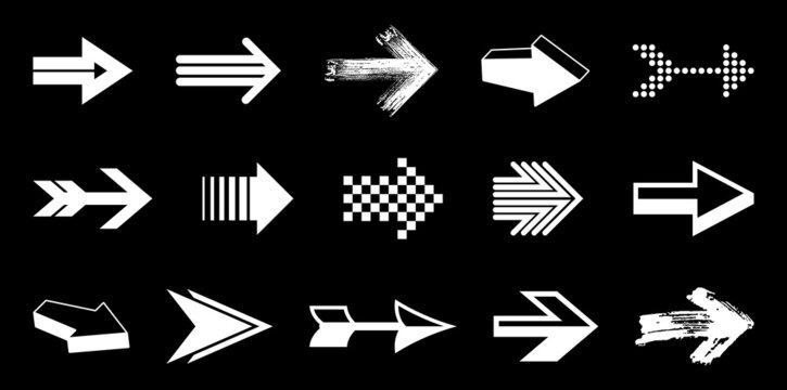 Diverse arrow cursors vector set, different shapes styles and concepts arrows single color monochrome graphic design elements for icons or logos.