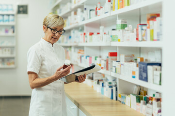 Fototapeta na wymiar Beautiful senior female pharmacist checking medications on a shelf