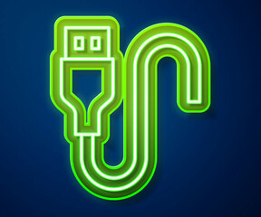 Glowing neon line USB cable cord icon isolated on blue background. Connectors and sockets for PC and mobile devices. Vector