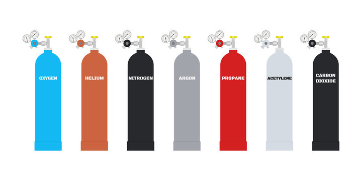 Cylinders with different types of liquid gas. Container balloon gas. Oxygen, helium, nitrogen, argon, propane, acetylene and carbon dioxide in different color package. Vector illustration