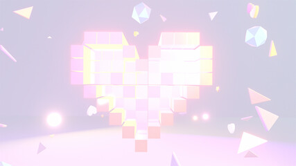 3d rendered glowing voxel heart and various geometric objects.