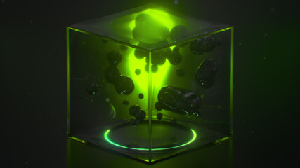 Dancing droplets in glass cube 3D render illustration