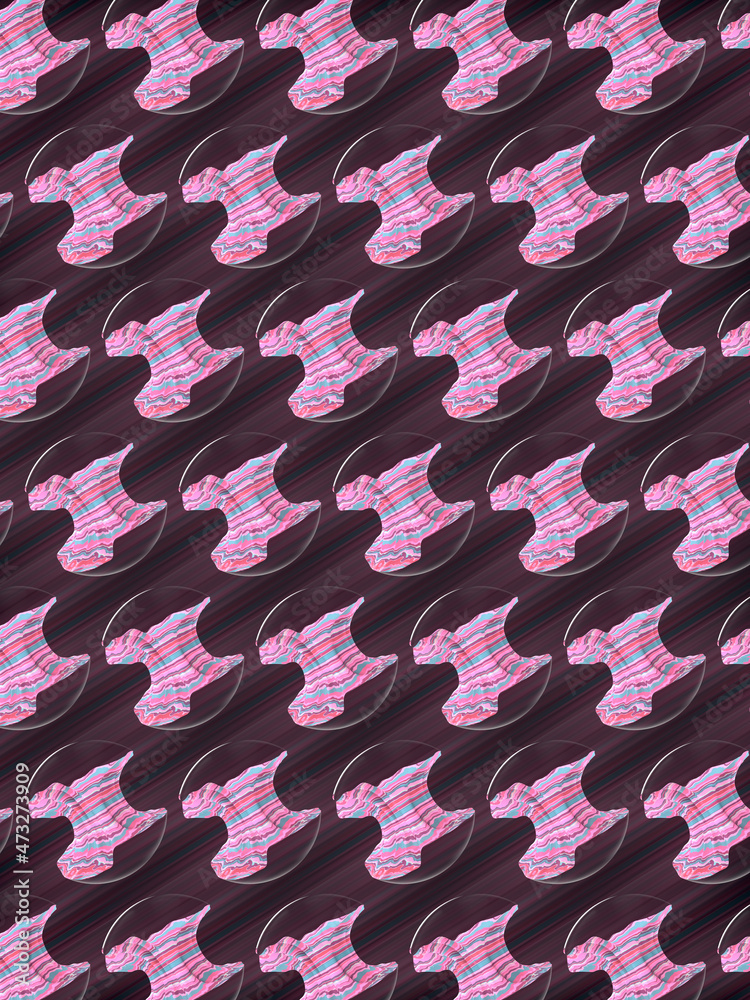 Poster Black shiny spheres cut through with burning distorted striped neon colored pattern. 3d rendering digital background