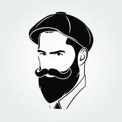 Bearded men in a Newsboy Cap. Hipster face icon isolated. Vector illustration - obrazy, fototapety, plakaty