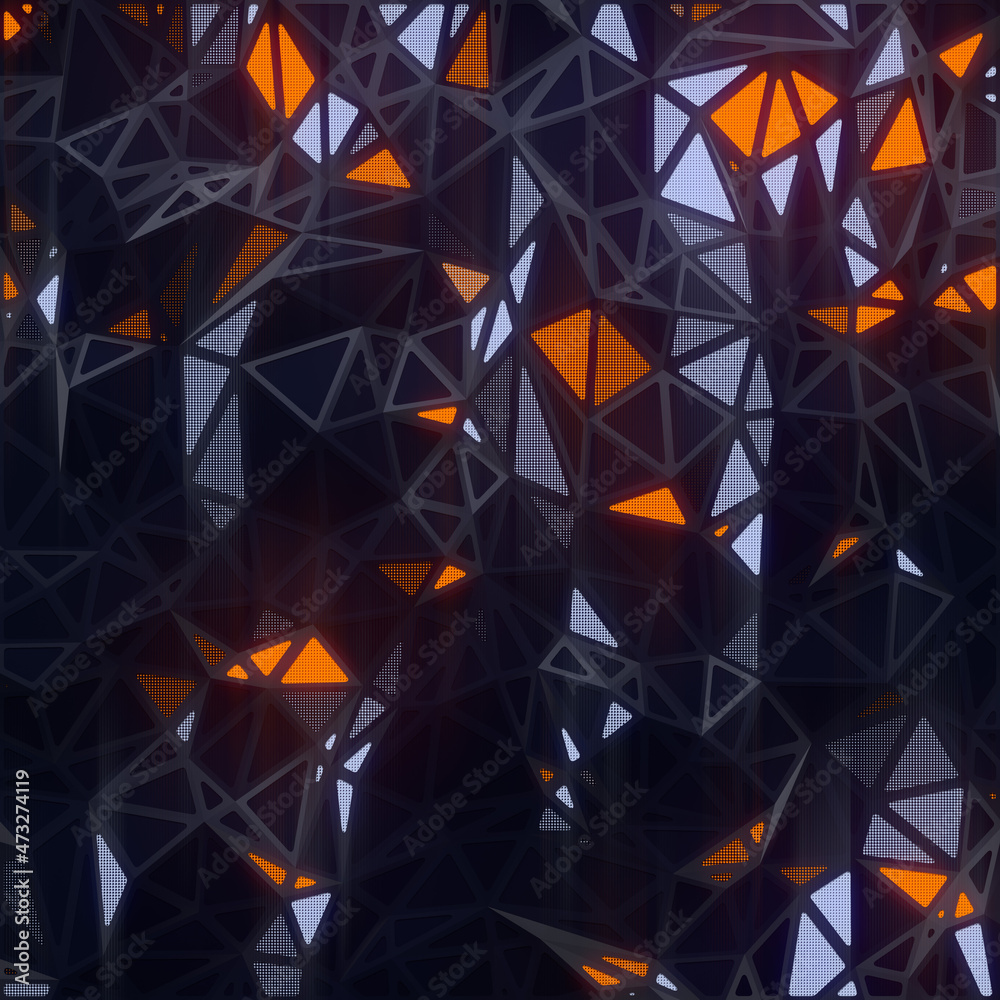 Aufkleber Triangular crystalline background with glowing colored areas. 3d rendering digital illustration