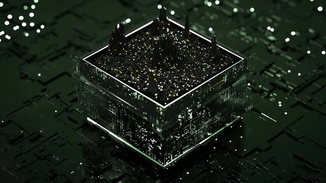 Spectral data analysis. Spectrum meter processing digital stream. Seamless loop 3D render animation with DOF