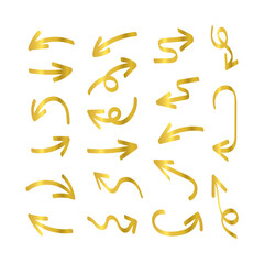 hand drawn arrows set, decorative elements, gold bold arrows isolated on white background, golden.