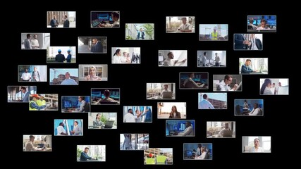 Multi screen business collage made of many different footages with business people working in office or outdoor. Technology, investment and teamwork concept.