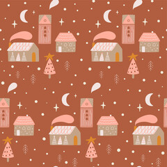 Pink Christmas countryside houses. Evening Christmas village. Outdoor Christmas scene. Winter village illustrations. Christmas seamless pattern. Vector magical winter house moon stars. Childish style.