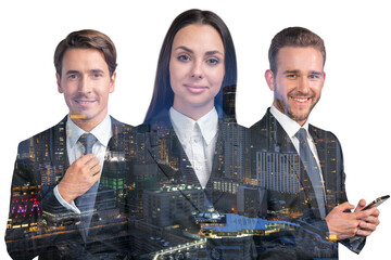 Three thoughtful and positive business people consultants in suits. Asia corporate lifestyle, multinational diverse young professionals. Night Kuala Lumpur city view. Double exposure