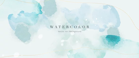 Foto op Plexiglas Watercolor art background vector. Wallpaper design with paint brush and gold line art. Earth tone blue, pink, ivory, beige watercolor Illustration for prints, wall art, cover and invitation cards. © TWINS DESIGN STUDIO