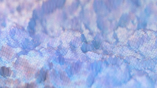 White polygonal landscape with connecting hard lines and glowing dots. Seamless loop 3D render animation