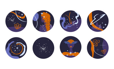 Set vector of abstract space shapes with stars and female silhouettes. For social networks
