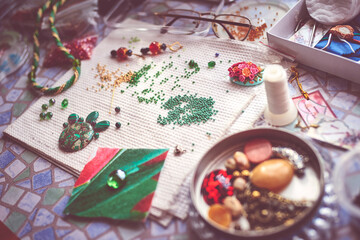 The workspace of bead jewelry master