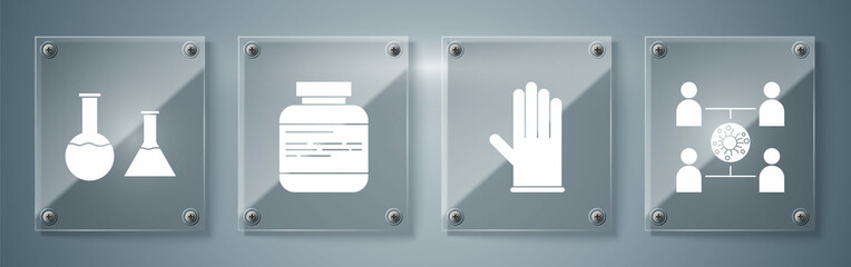 Set Virus spread, Medical rubber gloves, Medicine bottle and pills and Test tube and flask. Square glass panels. Vector