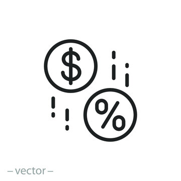 Percentage Commission Icon, Decrease In Interest Rate, Brokerage, Low Price, Reduce Cost, Sale Percent Tax, Cashback, Thin Line Symbol - Editable Stroke Vector Illustration