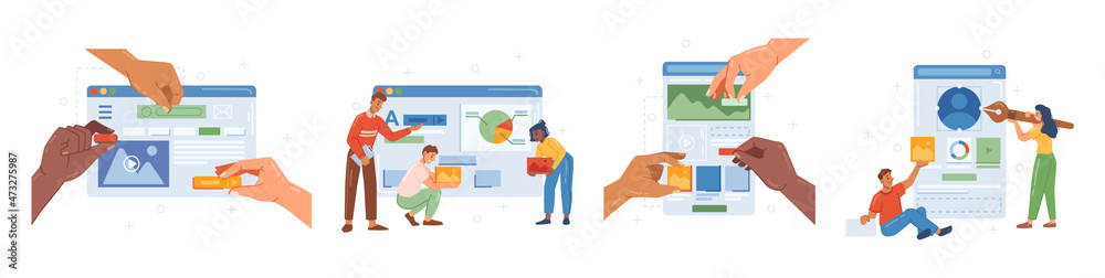 Aufkleber Web designers making interface of website page. Team working on widgets of social media, application for desktop ot smartphone. UX and UI usability and navigation. Editing and functionality of sites