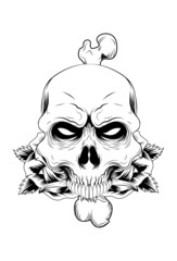 Human skull with rose and bone vector illustration