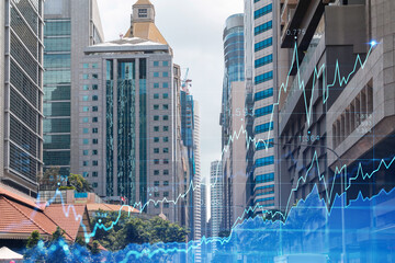 Financial stock chart hologram over panorama city view of Singapore, business center in Asia. The concept of international transactions. Double exposure.