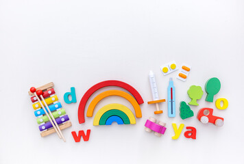 Wooden toys for children. Toy shop. Flat lay. Copy space. Montessori material.