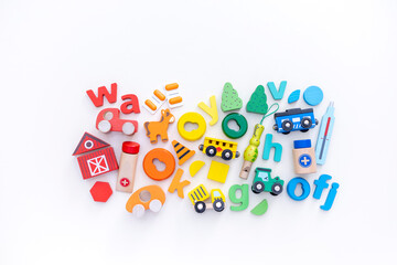 Wooden toys for children. Toy shop. Flat lay. Copy space. Montessori material.
