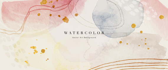 Watercolor art background vector. Wallpaper design with paint brush and gold line art. Earth tone blue, pink, ivory, beige watercolor Illustration for prints, wall art, cover and invitation cards.