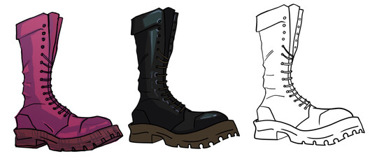 Set military ankle boots 3 drawing shoe options black, pink and line art. Coloring line gothic clothing accessory. Rough grunge boot fashion illustration detailed image