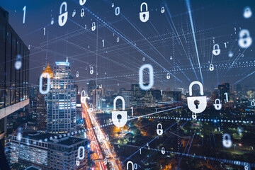 Glowing Padlock hologram, night panoramic city view of Bangkok, Southeast Asia. The concept of cyber security to protect companies. Double exposure.