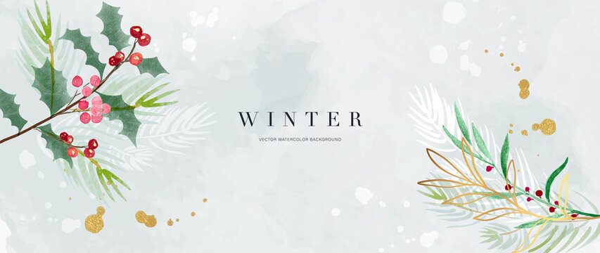 Winter background vector. Hand painted watercolor and gold brush texture, Flower and botanical leaves hand drawing. Abstract art design for wallpaper, wall arts, cover, wedding and  invite card.  