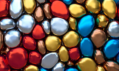 abstract background of deformed metallic balls in different colors.
