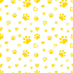 Seamless Pattern with Yellow Paw Prints and Hearts, Cute Background Template.