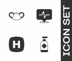 Set Antibacterial soap, Medical protective mask, Hospital signboard and Heart rate icon. Vector