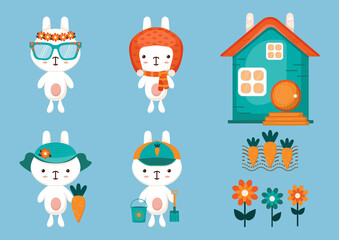 Vector collection of cute cartoon little rabbits in kawaii style