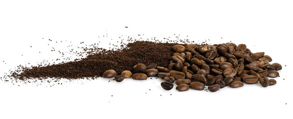 Pile of powdered, instant coffee and beans isolated on white background