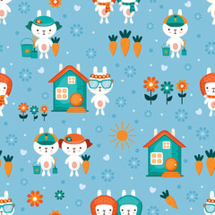 Beautiful seamless vector background for kids with cute cartoon little rabbits in kawaii style and a house of a bunny.
