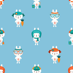 Seamless vector pattern with rows of cute little rabbits in hats