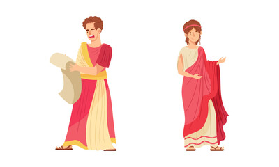 Ancient roman people set. Man and woman Roman patricians in traditional clothes cartoon vector illustration